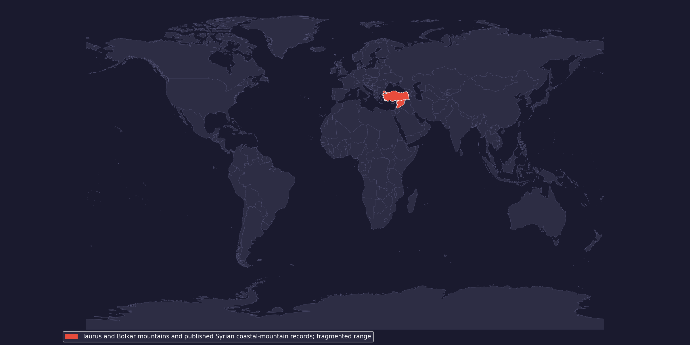 Native-range context; country shading does not show occupied habitat