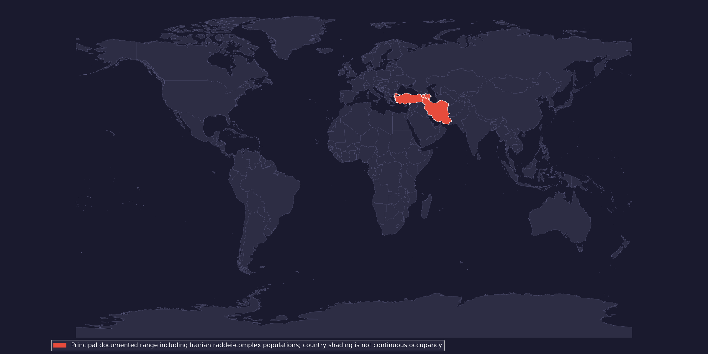 Native-range context; country shading does not show occupied habitat