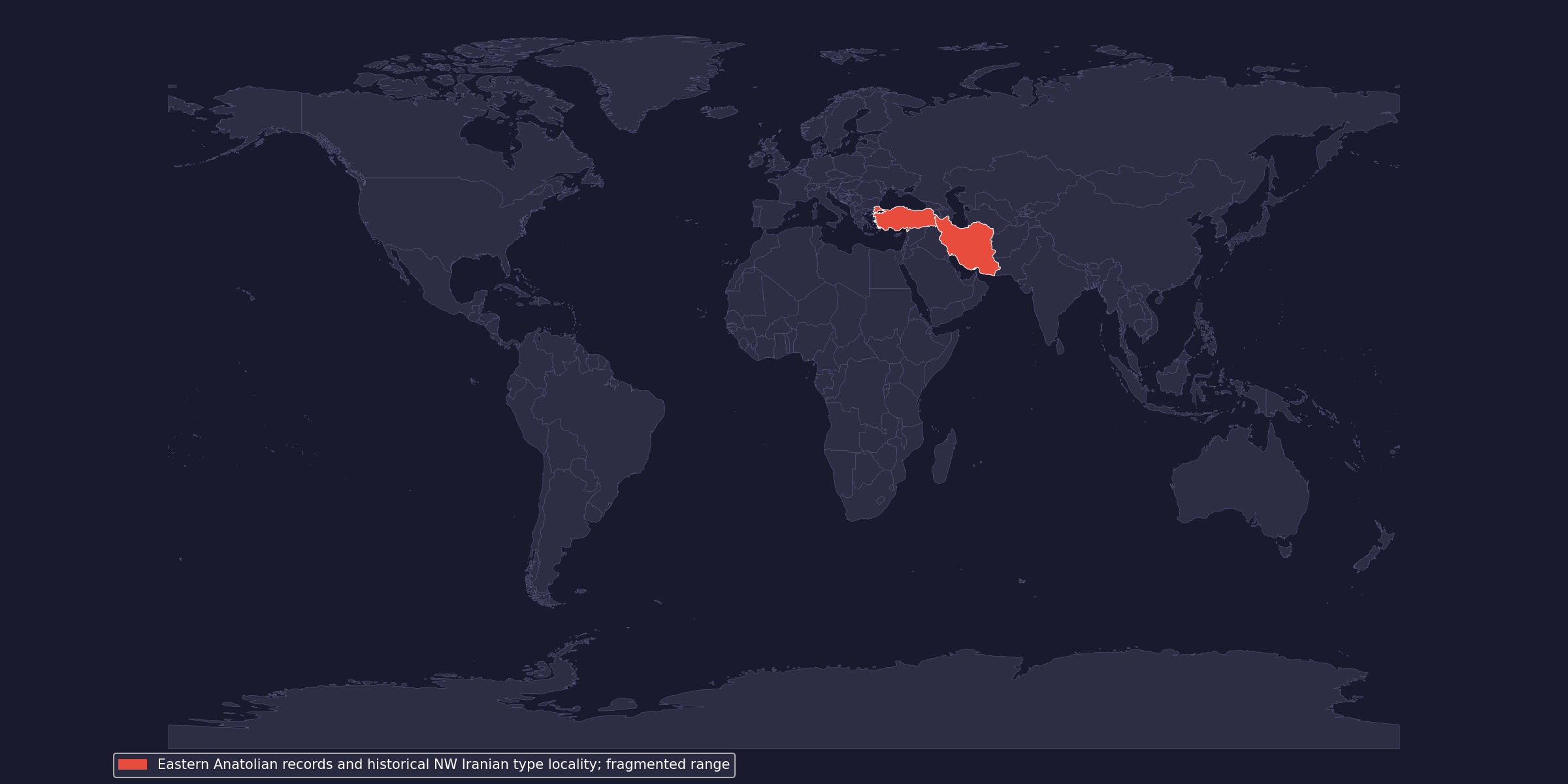 Native-range context; country shading does not show occupied habitat